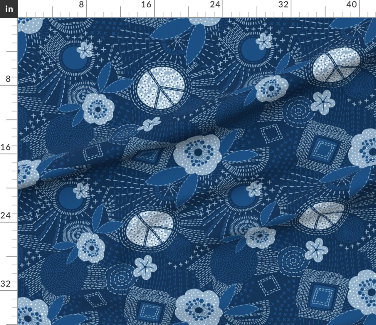 Various Fabrics by the Yard or Fat Quarter Blue Sashiko Hippie Bohemian Denim Peace Sign Japanese Inspired Custom Printed Fabric by Spoonflower
